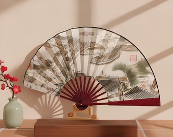 Éventail pliant chinois sur fond blanc, 25 cm, art scénique inspiré des fêtes fluviales