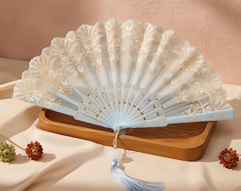 Chinese Folding Fan, Light Blue Embroidered Hand Wedding Favor Gift, Party Decor with Tassel