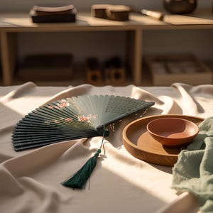 May include: A dark green folding fan featuring a floral pattern and a matching green tassel, positioned next to a small terracotta-colored bowl resting on a circular wooden tray, all set upon a draped, light-colored fabric surface.