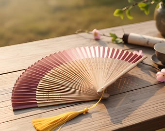 Abanico plegable de seda con degradado marrón y amarillo: accesorio retro chino con borla