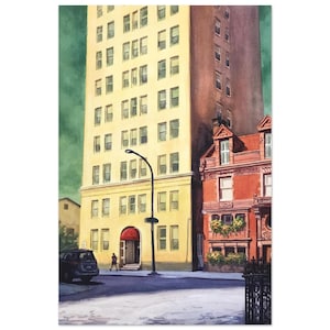 May include: Watercolor painting of a city street scene featuring a tall yellow building and a red brick building. A black car is parked on the street, and a person is walking on the sidewalk. A street lamp is in the foreground.