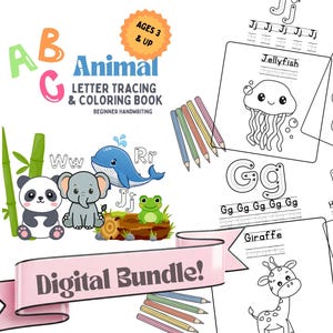 May include: A digital bundle of an animal letter tracing and coloring book for beginner handwriting. The cover features a panda, elephant, and whale. The bundle includes pages with a jellyfish, turtle, giraffe, and hippo. Colored pencils are included.