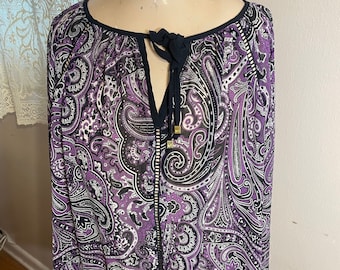 Ladies Blouse L by Michael Kors Silk crepe Purple & Black quite sheer, ties w black cord Paisely design open spaces in ribbon on front