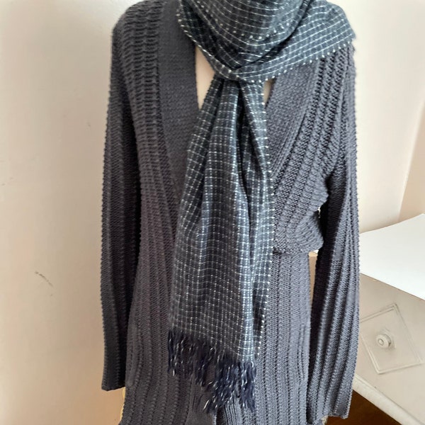 Ladies  Sweater sz M grayish Black Cotton knit 2 Pockets knee length or below knit in beautiful patterns w scarf Coat Sweater w snaps Cabi