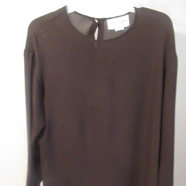 Ladies Blouse By Emanuel Ungaro Sheer Black silk Pullover sz 8 /42 long sleeves Back 5" opening to pull over head side slits for ease