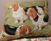Needlepoint Pillow wool 3 Dogs Puppies Dachsunds 14 x 16 quot Zipper with insert Carmel Velvet back Very cute Dogs