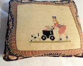 Needlepoint Pillow Hand done Little girl w baby Carriage dog 11 x 14 quot Printed Cotton backing wool front