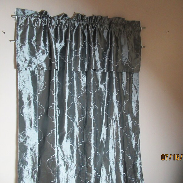 Fabric / Drapes One Panel Silver satin with silver embroidery 17" attached valance with 4" rod Pockets 64"w x  80" Extremely Beautiful