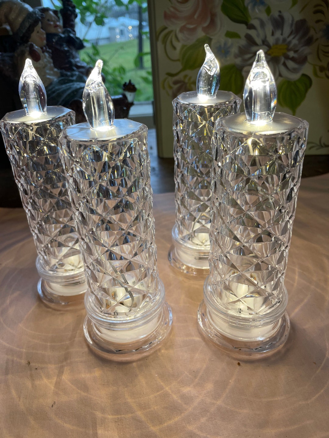 4 Christmas Candles, Battery Lighted Lucite 7 X 3 Beautifully Faceted