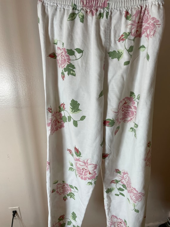 Ladies White 100 % Cotton Pants W Pink Roses & Elastic Waist Sz