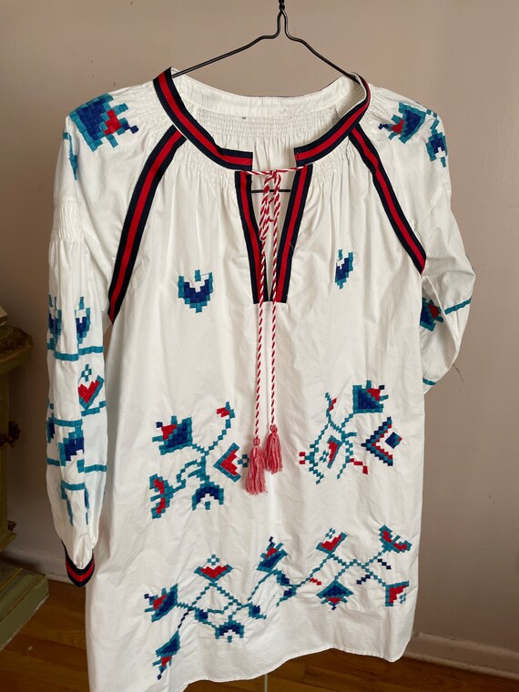 Ladies Handmade Vintage dress White cotton w red &