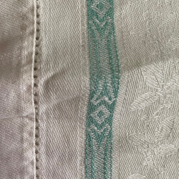 Vintage Cotton Tablecloth White Damask w Green Flowers and cutwork border 60 x 88" old cloth still good to use or cutter cutwork border