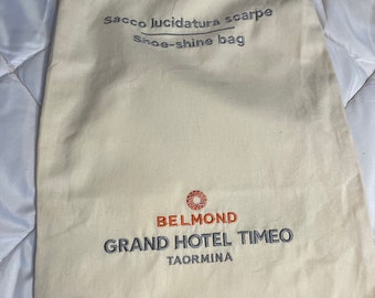 Shoe shine bag Grand Hotel Timeo  Sacco Lucidatura scarpe Belmond Taormina 10 x 15 w braided drawstring & Vinyl Pulls manilla cotton bag