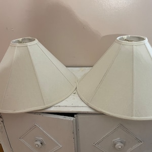 Pair Xtra lg White Linen Lamp shades bottom 21 top  6&quot;  13&quot; top to  bottom 8 panels 8&quot; each Pr Vintage beautiful Lamp shades
