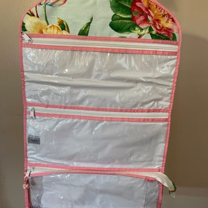 Cosmetic, Jewelry or makeup case by Stephine Johnson gorgeous floral cotton with 3 big cases 5 x 14" w zippers,Hanger,cord to hang