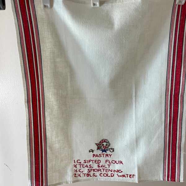 Linen flour sack towel recipe for pastry with pirates head, all embroidered white linen with red side stripes 17 x 20" new, never used Red