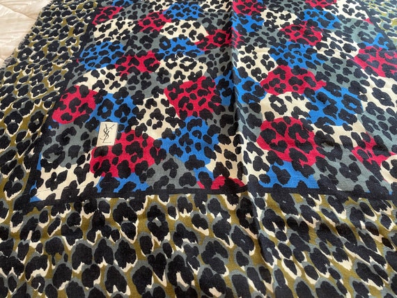 YvesSaintLaurent 100% Wool scarf Red w Blue Leopa… - image 8