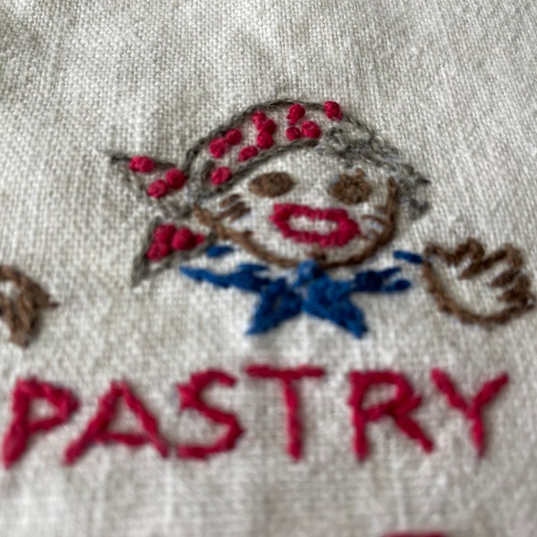 Linen flour sack towel recipe for pastry with pirates head, all embroidered white linen with red side stripes 17 x 20" new, never used Red