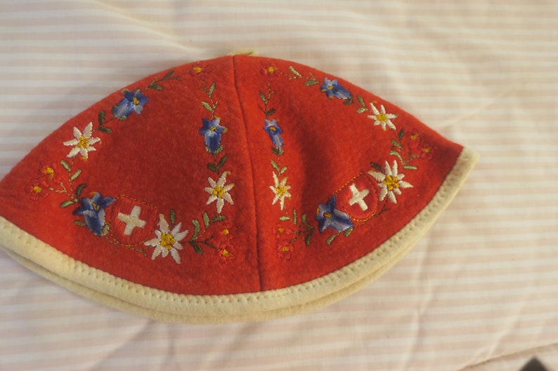 Hat for small child or Doll Made in Switzerland 50/% Wool 50 pct Cotton Red Felt with Embroidery Imported By Max Hurni