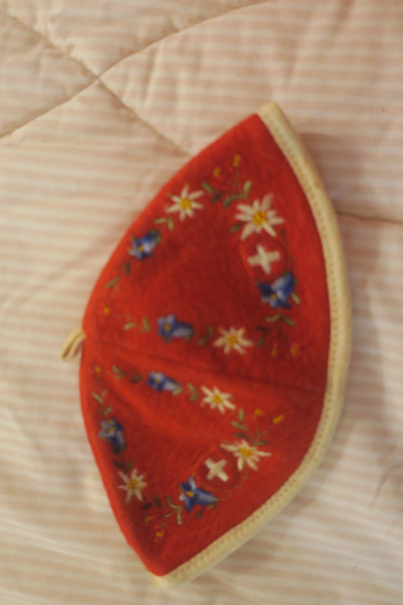 Hat for small child or Doll Made in Switzerland 50/% Wool 50 pct Cotton Red Felt with Embroidery Imported By Max Hurni