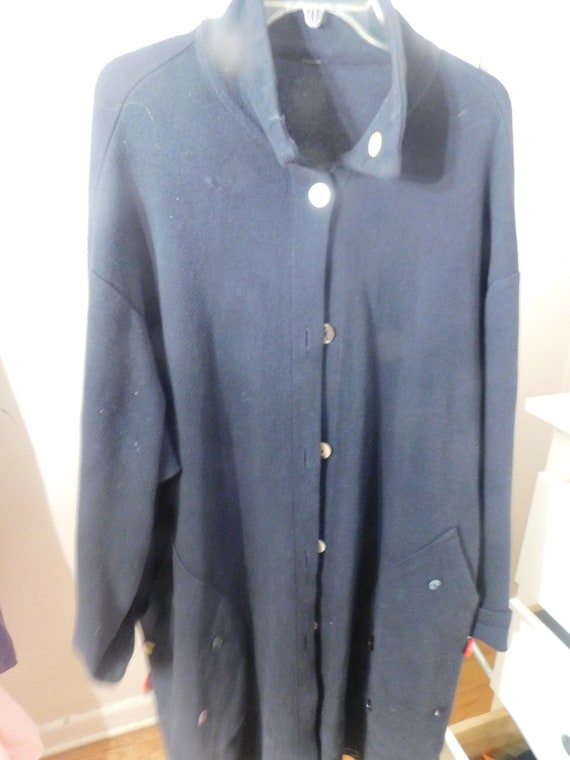 Ladies Coat by Flax Jeanne Engelhart Black Long Full Swing Coat One Size 5  Buttons Side Pockets W Buttons 100% Cotton Knit Vintage 