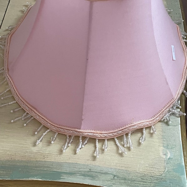 Pink Silk  Lamp shade w beautiful little beaded drops all around the bottom Pink woven braid at top and bottom   6 panels 4.5 x 7"