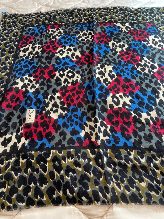 YvesSaintLaurent 100% Wool scarf Red w Blue Leopa… - image 7