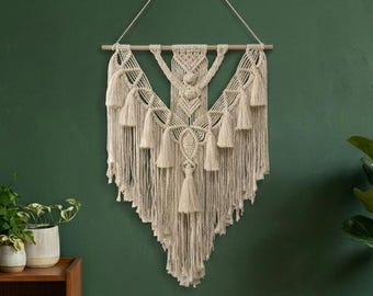 Large Macrame Wall Hanging - Boho Chic Cotton Fringe Tapestry for Living Room and Bedroom - Beige Handwoven Woven Wall Art Decor