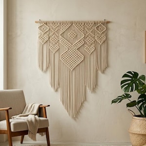 Puede incluir: Un tapiz de macramé beige con un patrón geométrico de diamantes y flecos. La decoración de la pared está montada en un pasador de madera y cuelga contra una pared de color neutro. La habitación también cuenta con una silla, una alfombra y una planta en maceta.