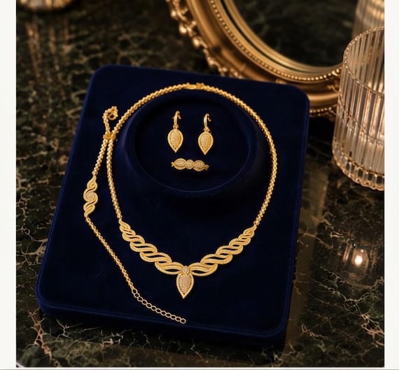 22K Gold-Plated Zircon Jewelry Set, Necklace, Bracelet, Earrings, Ring