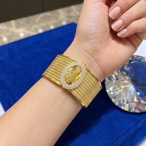 22K Gold Plated Ottoman Cuff Bracelet, Crystal Tughra Bangle, Turkish Statement Jewelry
