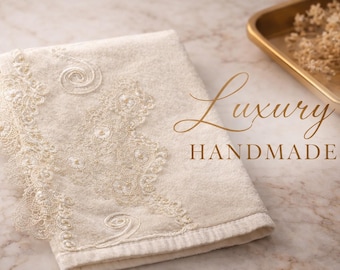 Handmade Lace Embroidered Towel, Elegant Ivory Kitchen Decor, Wedding Gift