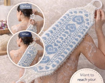 Spugna da bagno all'uncinetto con manici, spazzola per la schiena con motivo a cuori, esfoliante in cotone