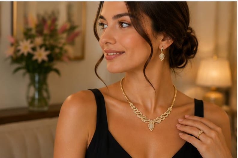 May include: A gold-toned necklace featuring a series of interconnected, textured links that form a curved, wave-like pattern, culminating in a central teardrop-shaped pendant. The set includes matching teardrop-shaped drop earrings and a gold ring.