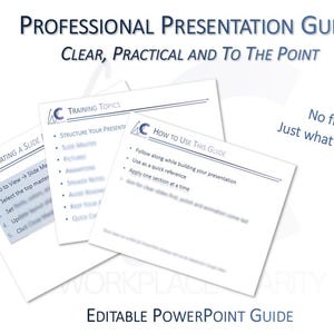 May include: A Professional Presentation Guide with the text "Clear, Practical and To The Point." The guide includes training topics and instructions on creating slides. The phrase "No fluff. Just what works." is also visible. The guide is an editable PowerPoint guide.