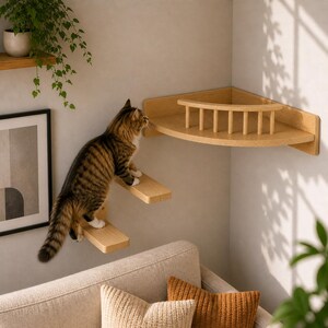 Pode incluir: Um gato malhado castanho sobe num sistema de prateleiras de escalada para gatos de madeira. O sistema inclui dois pequenos degraus que conduzem a uma prateleira de canto com um corrimão. O gato é castanho e preto com patas brancas. As prateleiras são de madeira clara.