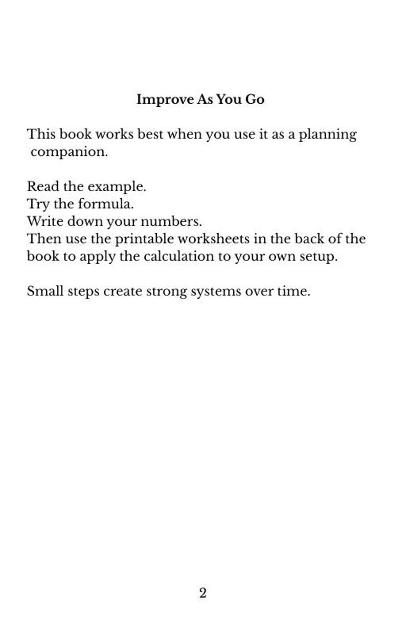 May include: A white page with the title "Improve As You Go" and text describing the book's use as a planning companion. Instructions include reading examples, trying formulas, and using worksheets. The number 2 is at the bottom.