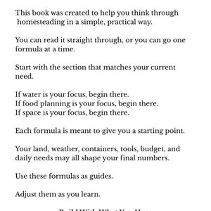 May include: A white page with the title "How To Use This Book" in black text. The text explains how to use the book for homesteading, offering guidance on formulas and starting points for various aspects like water, food, and space.