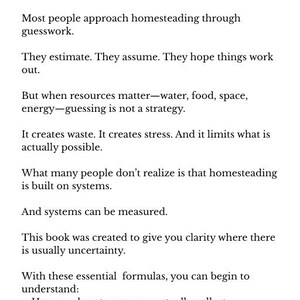 May include: A page from a book titled "Preface" with black text on a white background. The text discusses homesteading, including water, food, and space. The book aims to provide clarity on essential formulas.
