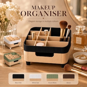 Pode incluir: Um organizador de maquilhagem quadrado com uma secção superior preta canelada e uma base bege com gaveta. O interior tem vários compartimentos com pincéis e recipientes. Texto: MAKEUP ORGANISER e Elegant storage in multiple colours.