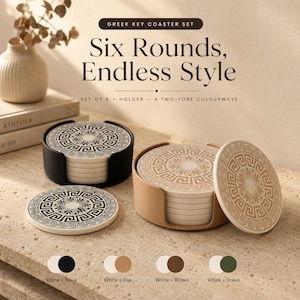 May include: A set of six round coasters featuring a Greek key pattern and a central floral motif. The set includes a circular holder. The text reads: GREEK KEY COASTER SET, Six Rounds, Endless Style, SET OF 6 + HOLDER - 4 TWO-TONE COLOURWAYS.