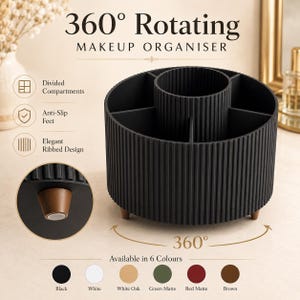 Puede incluir: Un organizador de maquillaje giratorio de 360° negro con compartimentos divididos y pies antideslizantes. El organizador tiene un elegante diseño acanalado y está disponible en seis colores. El texto dice "360° Rotating Makeup Organiser".
