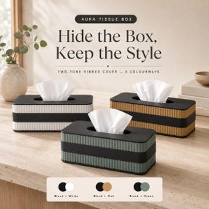 Puede incluir: Tres cajas de pañuelos rectangulares con un diseño acanalado de dos tonos. Las cajas están disponibles en combinaciones de colores negro y blanco, negro y roble, y negro y verde. Cada caja tiene una abertura central con pañuelos blancos.