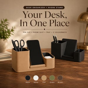 Könnte beinhalten: Ein beigefarbener Schreibtisch-Organizer und Handyhalter mit Stiftebecher, einem zentralen Schlitz für ein Smartphone und einer kleinen Ablage. Der Text lautet: "DESK ORGANIZER + PHONE STAND", "Your Desk, In One Place" und "PEN CUP + PHONE SLOT + TRAY".