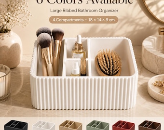 Ribbed Bathroom Counter Organizer, 4-Compartment Makeup Brush Holder, Vanity Storage Tray for Beauty Tools, 6 Colors