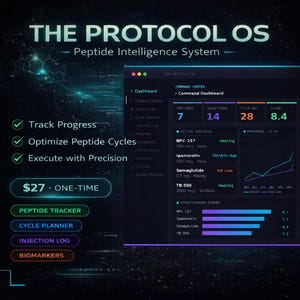 May include: A digital interface for "THE PROTOCOL OS - Peptide Intelligence System" with data visualizations. Features include a dashboard, peptide tracker, cycle planner, and injection log. The interface displays metrics for peptides, injections, cycle day, and score.