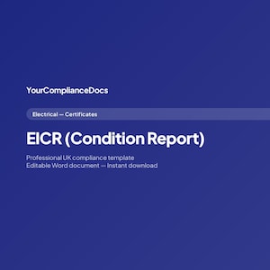 May include: A digital document titled "EICR (Condition Report)" on a blue background. The document includes sections on client details, classifications, and inspector qualifications. The text "YourComplianceDocs" is at the top.