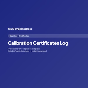 Peut inclure: Document numérique intitulé "Calibration Certificates Log" sur fond bleu foncé. Le document comprend le texte "YourComplianceDocs" et répertorie des fonctionnalités telles que les types d'instruments et les listes de contrôle. Le document est conforme au Royaume-Uni.