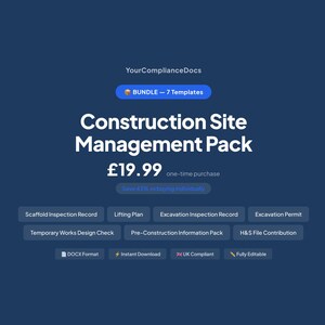 May include: A dark blue graphic with the text "Construction Site Management Pack" and a price. Below are several rectangular buttons with text such as "Scaffold Inspection Record" and "Lifting Plan".