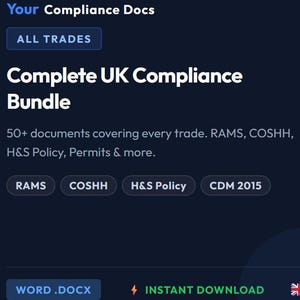 Puede incluir: Gráfico azul oscuro con texto blanco. El texto dice "Your Compliance Docs" y "Complete UK Compliance Bundle". La imagen también incluye el texto "50+ documentos que cubren cada oficio. RAMS, COSHH, H&S Policy, Permits & more."